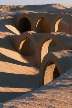 Photorealistic buried sandstone archways in a desert dune with partial excavation, sharp shadows and golden hour lighting, 8k hyperdetailed