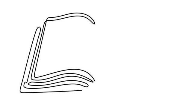 Animated self drawing of continuous line draw of open book with flying pages. Vector illustration education supplies back to school theme.	Full length one line animation. 4K	
 
