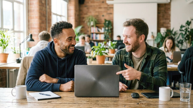 Two smiling coworkers collaborating with a laptop in a modern coworking office. Diverse colleagues discussing ideas, teamwork, productivity, and business success in a creative workspace.