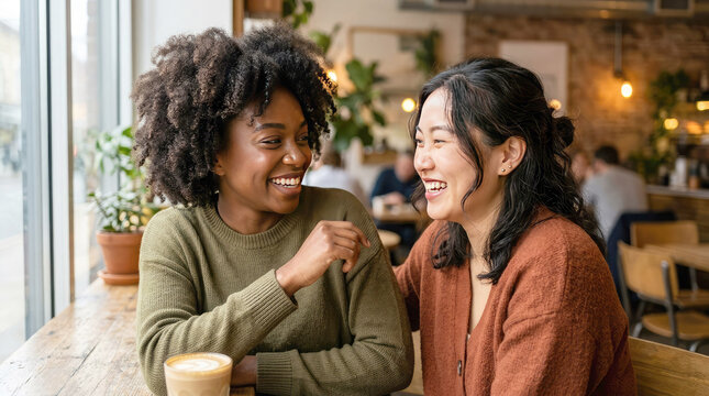 Two smiling young women enjoying coffee and conversation in a cozy cafe. Happy multicultural friends sharing laughter, friendship, and quality time in a warm modern coffee shop.