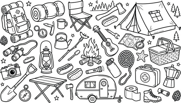 "Black and white vector illustration of diverse camping and outdoor adventure equipment including tent, backpack, lantern, guitar, and campfire"