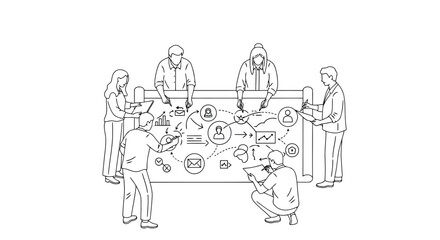 Obraz premium Vector art of team collaborating around table with diagrams and brainstorming ideas in office setting