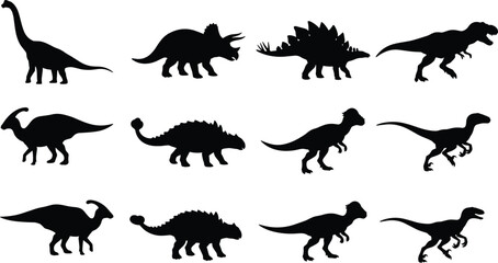 Black vector silhouettes of diverse dinosaur species including T‑Rex, Triceratops, Stegosaurus, Brachiosaurus, Velociraptor, and prehistoric reptiles © SHANJIDA