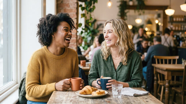 Two smiling young women, friends of different ethnicities an African American and Caucasian enjoy coffee and conversation in cozy cafe. Happy friends sharing laughter, friendship, and good times