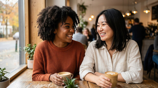 Two smiling young women friends of different nationalities an African American and Asian enjoy coffee and conversation in cozy cafe. Happy friends sharing laughter, friendship, and good times