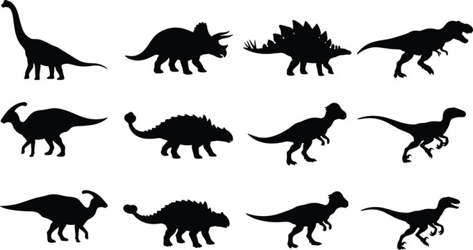 Black vector silhouettes of diverse dinosaur species including T‑Rex, Triceratops, Stegosaurus, Brachiosaurus, Velociraptor, and prehistoric reptiles