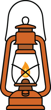 Colorful vector illustration of old‑fashioned oil lantern with metallic frame, glass enclosure, and glowing flame inside