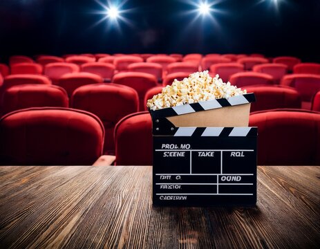 movie night clapperboard popcorn film reel on dark wood with red seats background