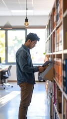 Fototapeta premium Young man searching through organized office binders on shelves, professional archive management, research and documentation, workplace productivity