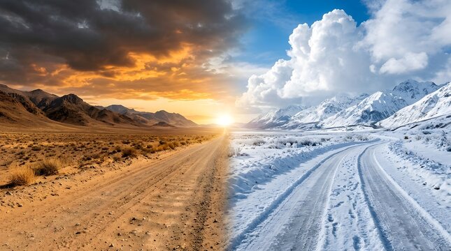 Contrasting landscape split between a hot dry desert dirt road at sunset and a frozen snowy winter road with mountains, symbolizing climate change and extreme weather.