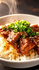 Fototapeta premium Delicious Steaming Bowl of Asian Cuisine with Tender Meat, Rice, and Fresh Green Onions Garnished with Sesame Seeds