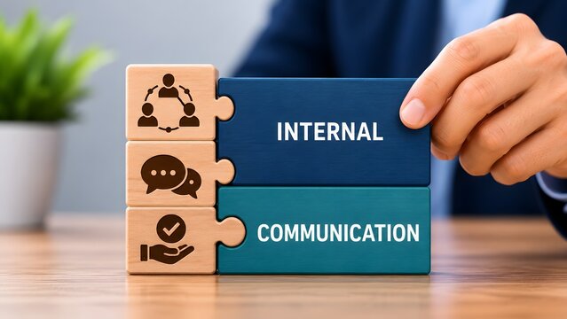 Internal communication corporate strategy concept featuring hands connecting wooden puzzle pieces with teamwork synergy and human resources icons