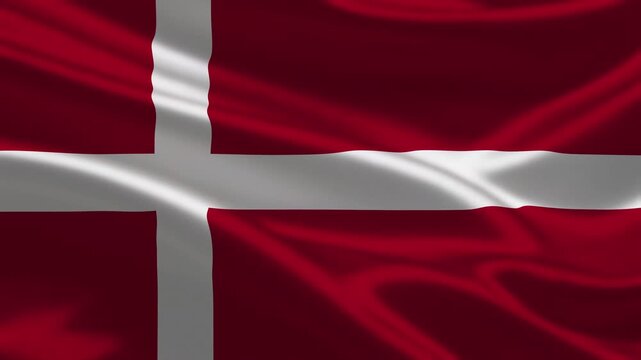 Waving flag of Denmark with a white Nordic cross on a red background featuring a smooth satin fabric texture and elegant motion for national celebrations and patriotic backgrounds