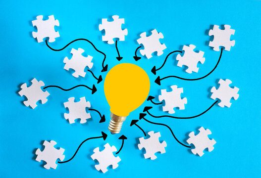 Business concept,collaboration,cooperation,teamwork, innovation,human resources,recruitment,team building, light bulb and puzzle pieces
