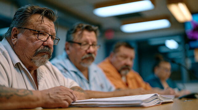 Weathered parole board members seated at a long institutional table study a thick rehabilitation file as fluorescent lighting hums overhead in a state correctional facility conference room during an