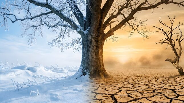 Dramatic split landscape showing a large tree half frozen in a snowy winter field and half dying in a cracked dry desert, representing climate change.