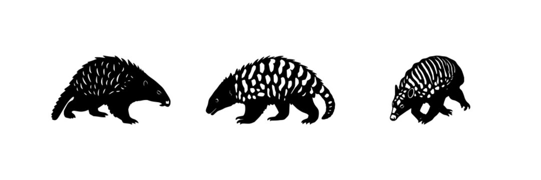 Solid black silhouette of a rare pangolin in a defensive walking stance, endangered wildlife conservation icon, white background. set with simple line art design featuring simple design, minimalist...
