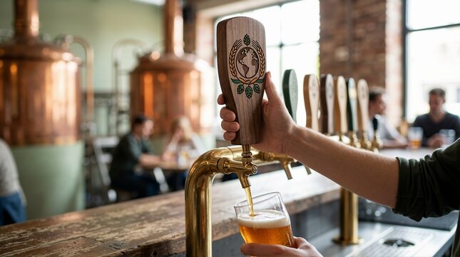 Bartender hand pouring draft beer from a wooden tap handle into a glass. Craft brewery interior with copper vats and patrons in the background