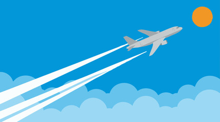 Naklejka premium Illustration of airplane flying in blue sky with sun, clouds and contrails