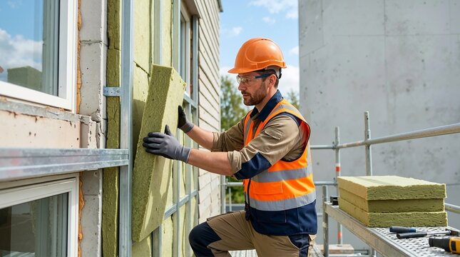 Construction worker installing mineral wool insulation on a building facade. Builder on scaffolding improving exterior energy efficiency