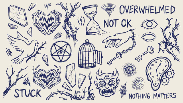 Emotional distress sketch collage with broken heart hourglass tornado cage bird pentagram chained hand demonic face melting clock and cracked branches