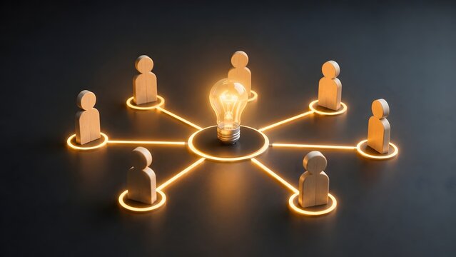 Creative team innovation network concept featuring glowing lightbulb connecting to human figures on dark background