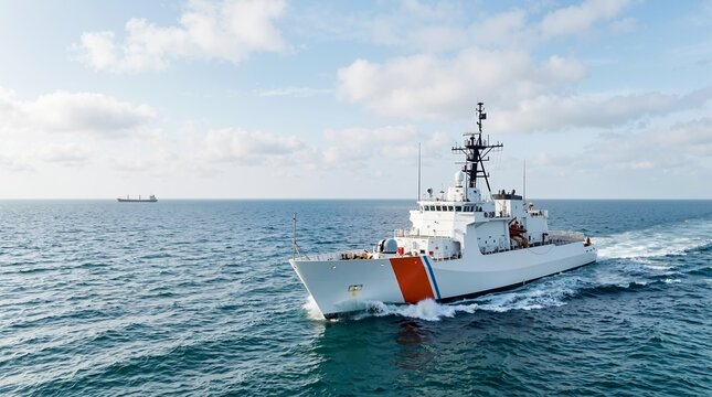 United States Coast Guard cutter ship sailing on the ocean. White maritime patrol vessel with orange stripe cruising at sea under a cloudy sky