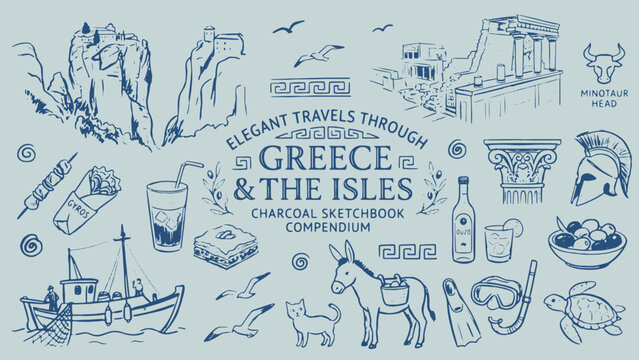Greek travel sketch collage with Parthenon monasteries Minotaur Spartan helmet boat donkey cats food and key patterns