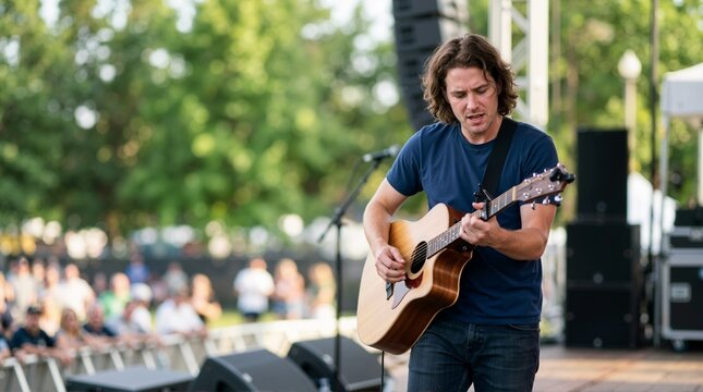Guitar player performing on an outdoor stage. Male musician playing acoustic guitar at a live music concert