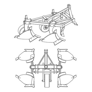 Technical line drawing of a tractor mounted agricultural moldboard plow.