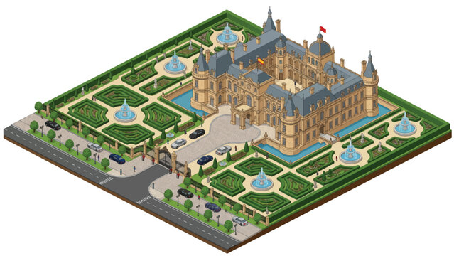 Isometric luxury mansion with formal gardens, royal palace estate with fountains and maze, grand chateau architecture vector illustration
