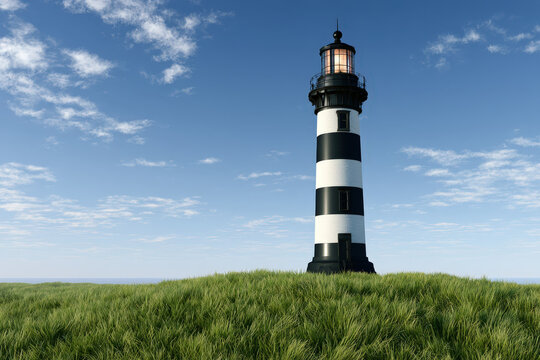 Classic Black and White Lighthouse on Green Grassy Headland on a Clear Day, Photorealistic, 8k, Hyperdetailed