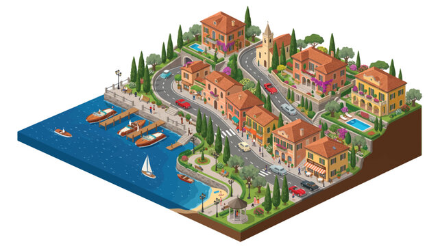 Isometric modern city block with luxury skyscraper and rooftop pool, urban architecture 3D vector illustration, miniature metropolitan street scene