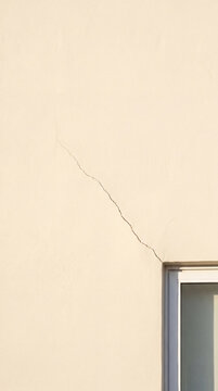 Diagonal crack on a light beige house wall near a window frame. Structural damage of a building facade. Concept of construction defect, home maintenance, renovation and decay.