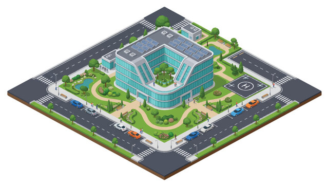 Isometric modern office building with solar panels, sustainable green eco corporate headquarters, urban city architecture vector
