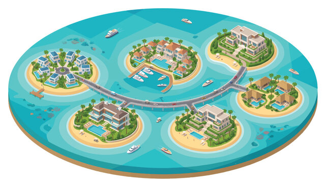 Isometric tropical island resort vector, luxury private villas and beach hotels on archipelago, summer vacation real estate development map