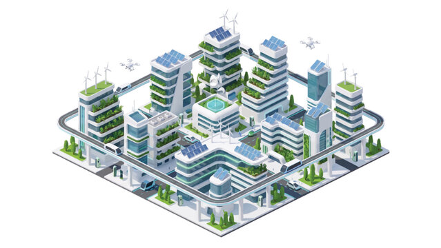 Isometric futuristic eco city with green skyscrapers and solar panels. Sustainable urban architecture with wind turbines and clean energy. Smart city infrastructure.