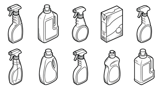 Isometric cleaning supplies vector set, 10 household detergent bottles and sprayers, black and white line art icons for laundry and sanitation