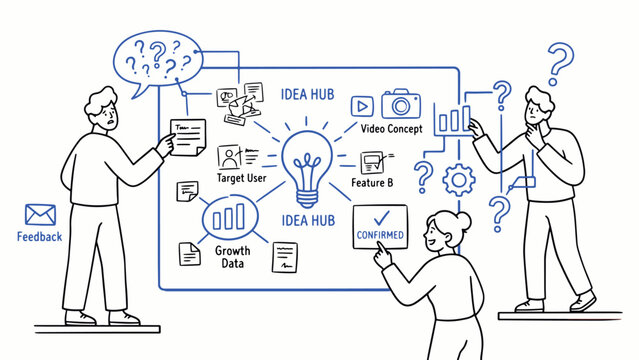 Brainstorming illustration with idea hub board gears charts documents light bulb and team collaboration