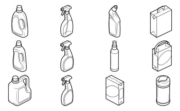 Isometric cleaning supplies vector set, household detergent bottles and chemical containers, 11 line art icons for laundry and hygiene