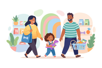 Obraz premium Family shopping for pet supplies at a store with colorful decorations