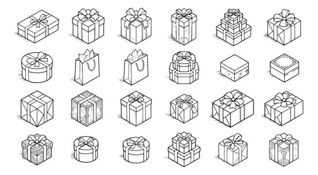 Isometric gift box icons set, 24 line art present boxes with ribbons and bows, minimalist black and white shopping bag and package vector illustrations