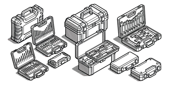 Isometric toolbox vector set, professional tool case collection with hardware organizers, black and white line art equipment containers for repair