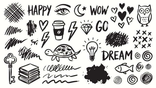 Playful doodle illustration with owl turtle fish diamond coffee books light bulb lightning hearts stars and motivational words on white background