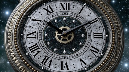 Obraz premium Close-up of an ornate antique pocket watch face with Roman numerals against a starry night sky background