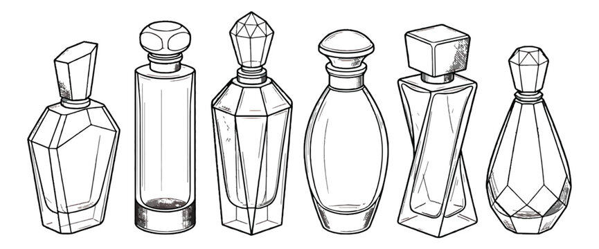 Vintage perfume bottle line art collection, set of 6 elegant fragrance glass containers, luxury cosmetic packaging vector illustrations for beauty branding