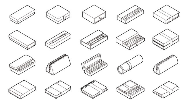 Isometric pencil case and stationery box icons, 20 line art vector elements for office supplies, minimalist school storage containers and gift packaging