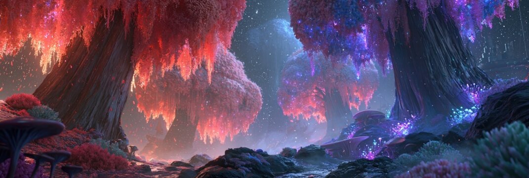 Enchanting alien forest with glowing bioluminescent flora and trees under a starry night sky