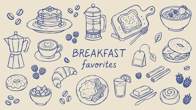 Breakfast favorites illustration with pancakes coffee toast cereal croissant bagel juice butter berries and tea on beige background