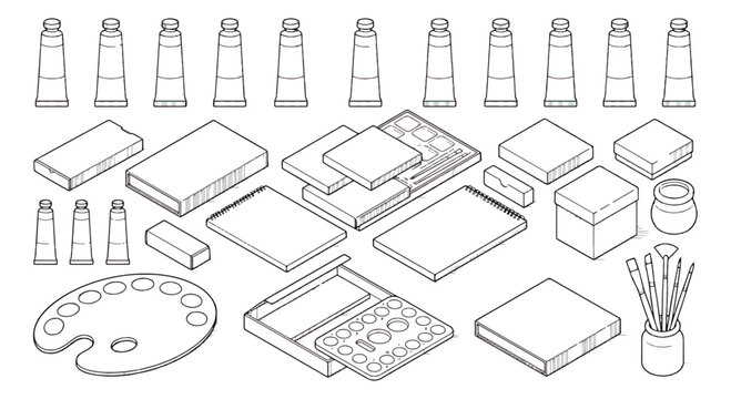 Isometric art supplies vector set, professional painting tools and drawing equipment icons, black and white line art coloring page for artists